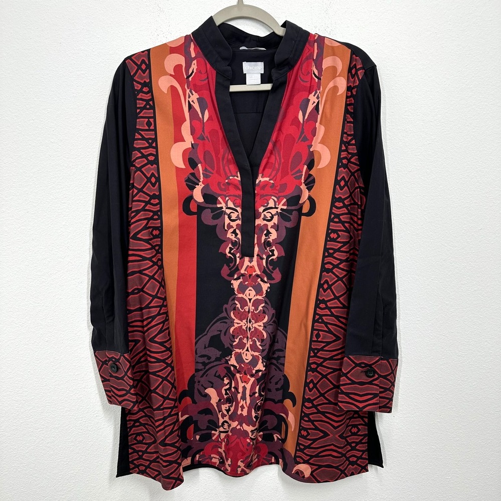 Chico's Women's Size 12 Fall Shirt Blouse Black Red Orange Floral No Iron Cotton
